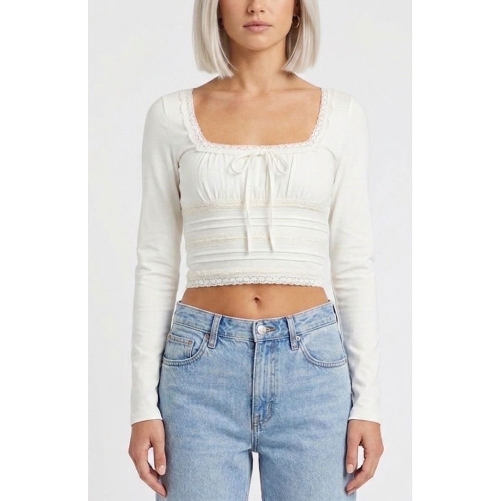 Free People Ivory Lace Trim Ruched Long Sleeve Crop Top Tie Front Size Medium